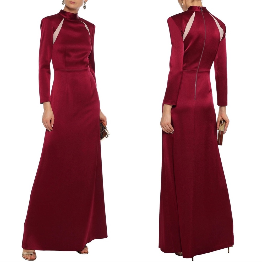 ALICE + OLIVIA Charita Satin Mesh Mock Neck Long Sleeve Gown in Bordeaux Red